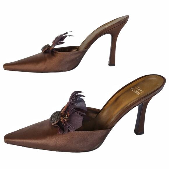 Stuart Weitzman Brown Satin Mule Heels Size 9 Pointy Toes Embellished Feathers - Picture 7 of 12